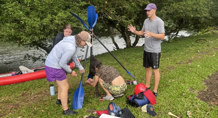 Four people use paddles during a training exercise on the shore